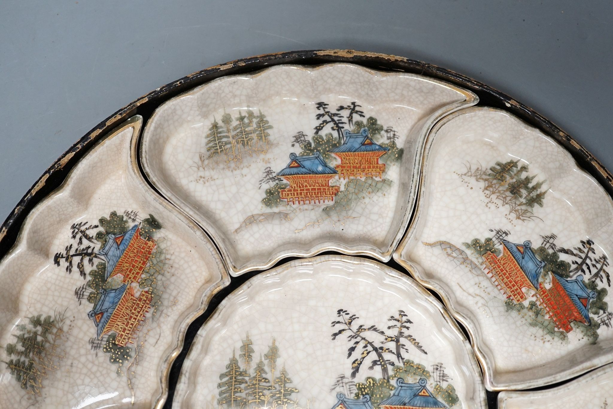 A Japanese green prunus and cracked ice vase and cover and a boxed Satsuma supper set, vase 37cm